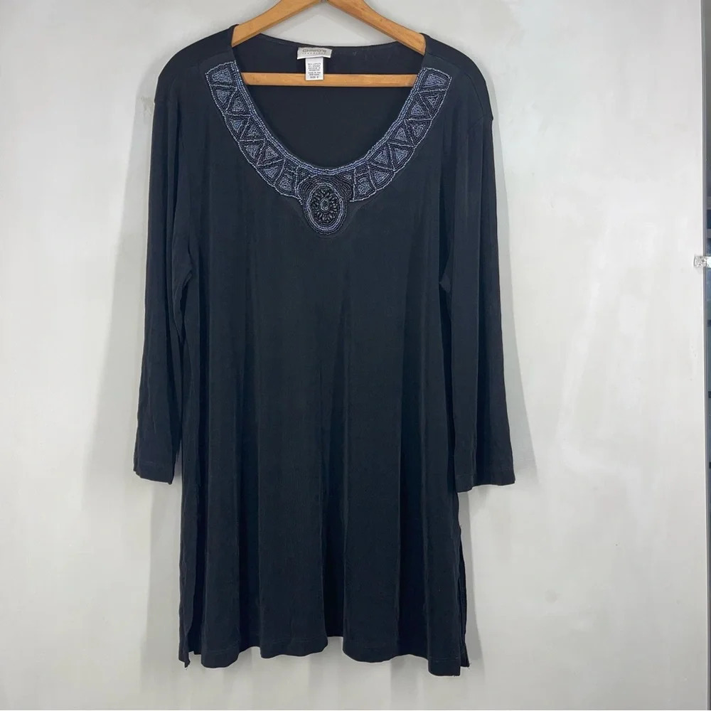Chico’s Travelers Women Tunic Blouse/ Top Beads 3/4 Sleeve Size 3 Black USA Made